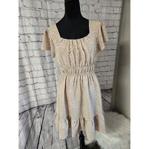 Altar'd State Tan Leopard Print Mini Dress Smocked Waist Square Neck Medium